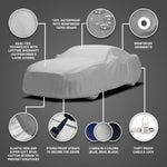 a seal-tec car cover with lifetime warranty which outperforms 5 layer car covers .It's 100% waterproof with reinforced taped seams and grommets. It has elastic hem and super soft spun cotton interior to prevent scratches also it has storm proof straps to secure the cover . The cover comes in 3 different colors Blue,Gray,Black and it comes with theft proof cable & lock
