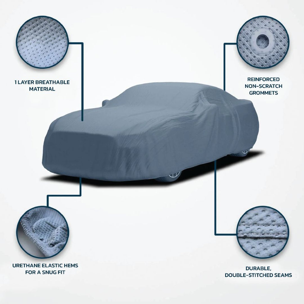 Seal Skin 1 Layer car cover, breathable, reinforced non-scratch grommets, elastic hems for a snug fit, double stitched seams