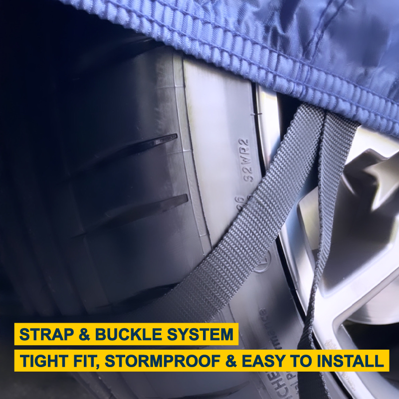 Seal Skin Supreme blue car cover, storm proof straps strap